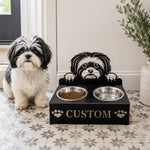 Personalized Shih Tzu metal dog bowl stand with custom name cutout and two removable feeding bowls