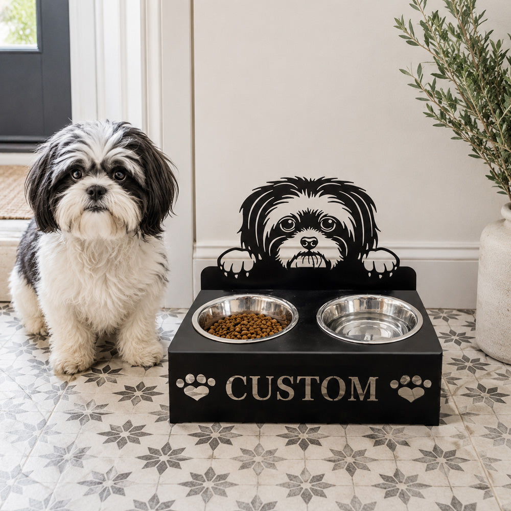 Personalized Shih Tzu metal dog bowl stand with custom name cutout and two removable feeding bowls