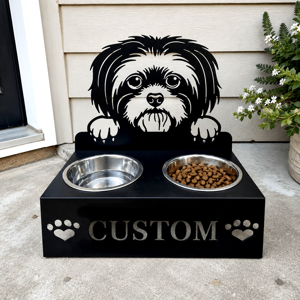 Personalized Shih Tzu metal dog bowl stand with custom name cutout and two removable feeding bowls