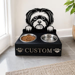 Personalized Shih Tzu metal dog bowl stand with custom name cutout and two removable feeding bowls