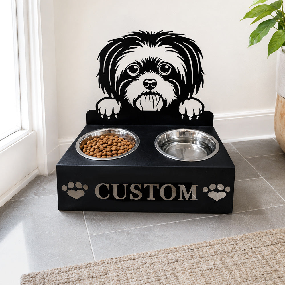 Personalized Shih Tzu metal dog bowl stand with custom name cutout and two removable feeding bowls