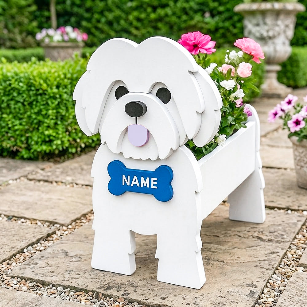 Shih Tzu dog planter filled with fresh flowers is placed in the garden