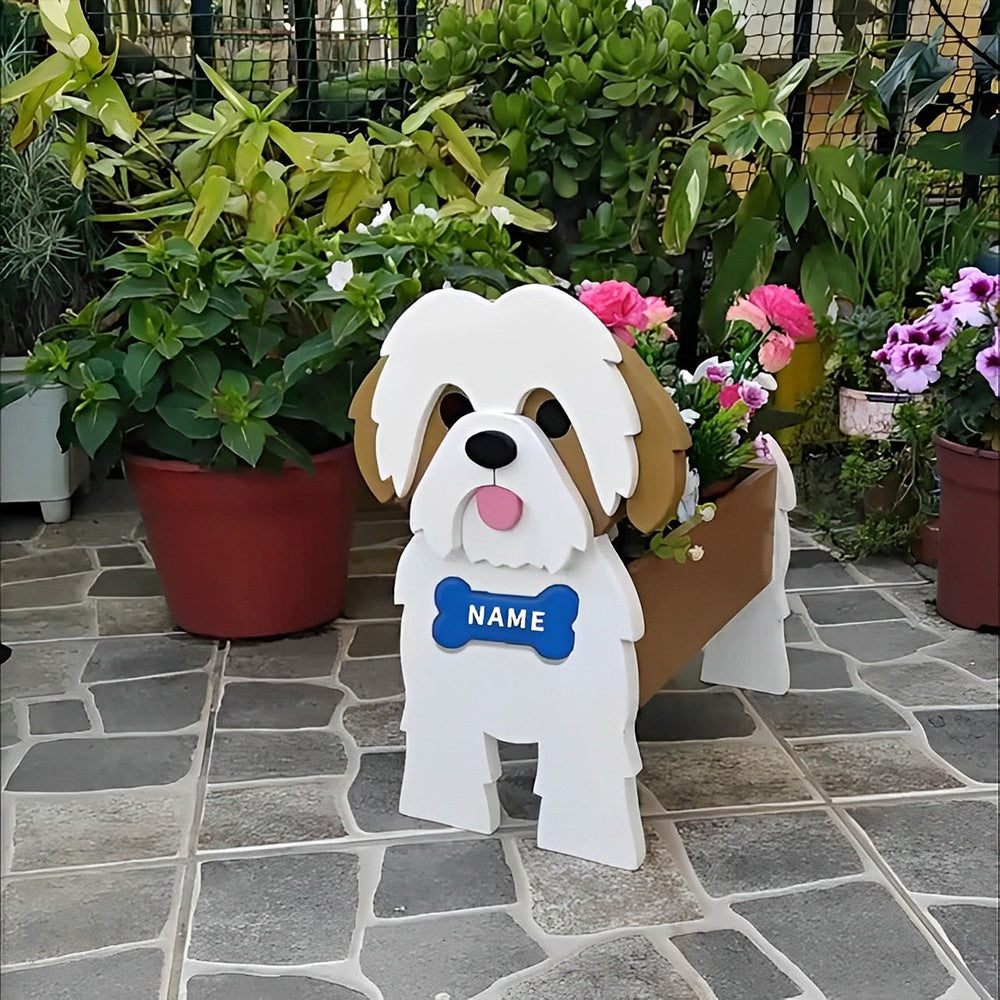 Shih Tzu dog planter filled with fresh flowers is placed in the garden