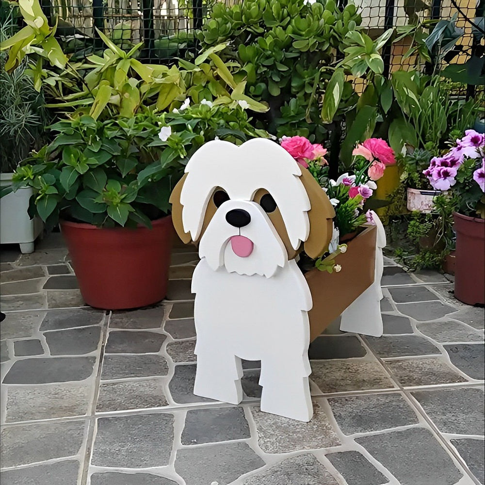 Shih Tzu dog planter filled with fresh flowers is placed in the garden