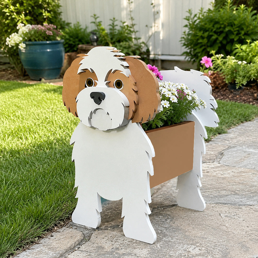 Shih Tzu dog planter filled with fresh flowers is placed in the garden