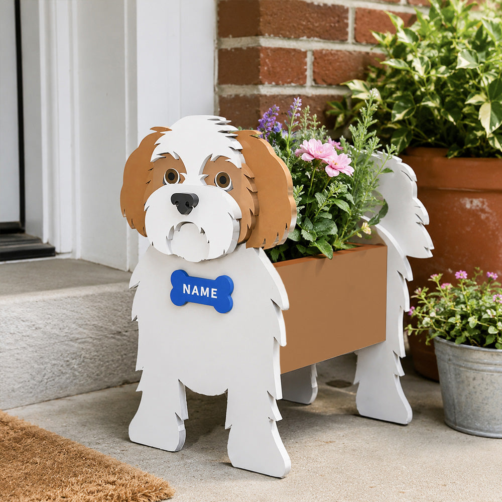 Shih Tzu dog planter filled with fresh flowers is placed in the garden