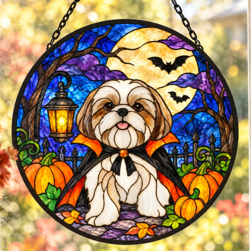 Shih Tzu Halloween stained glass suncatcher window hanging, suitable for home and garden decoration