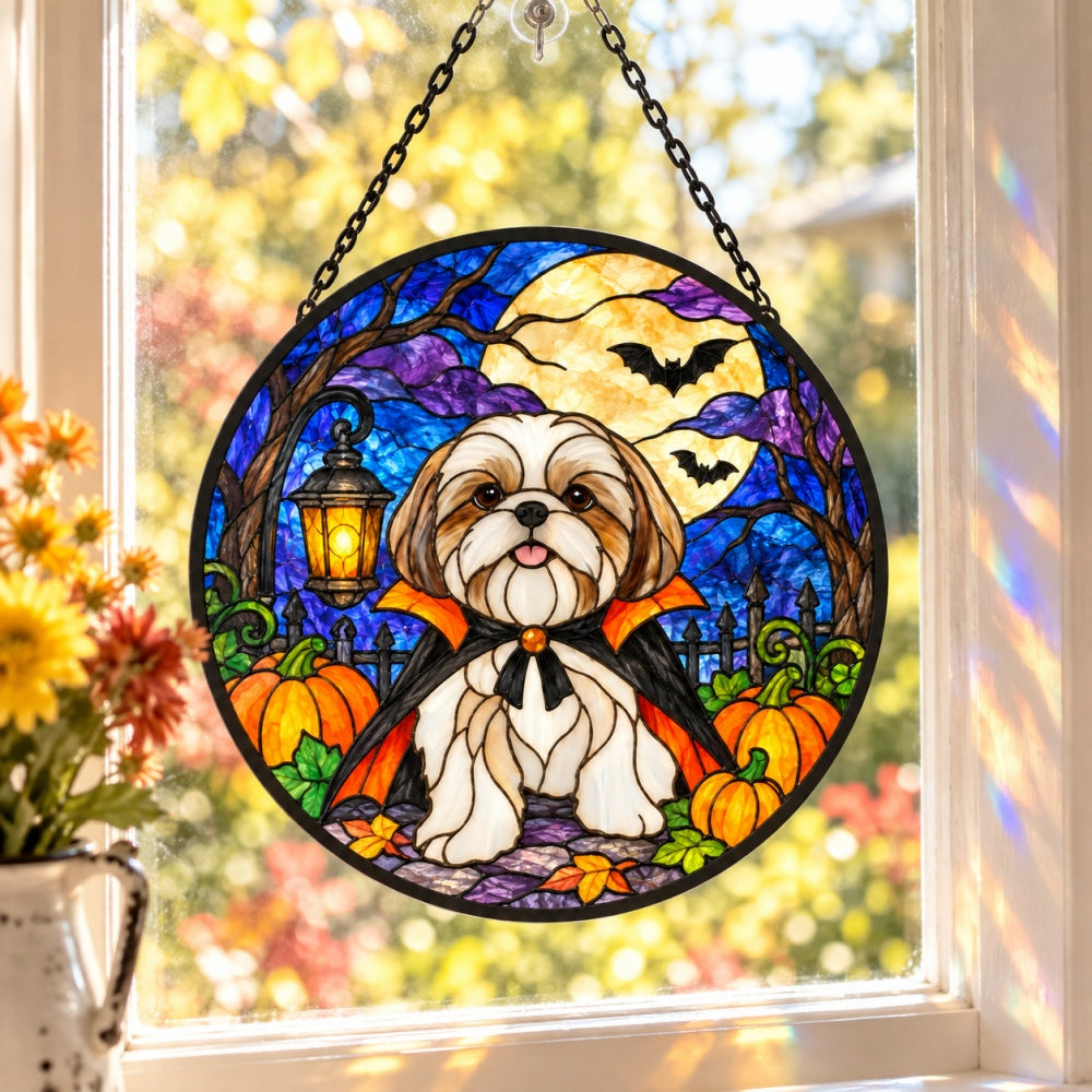 Shih Tzu Halloween stained glass suncatcher window hanging, suitable for home and garden decoration