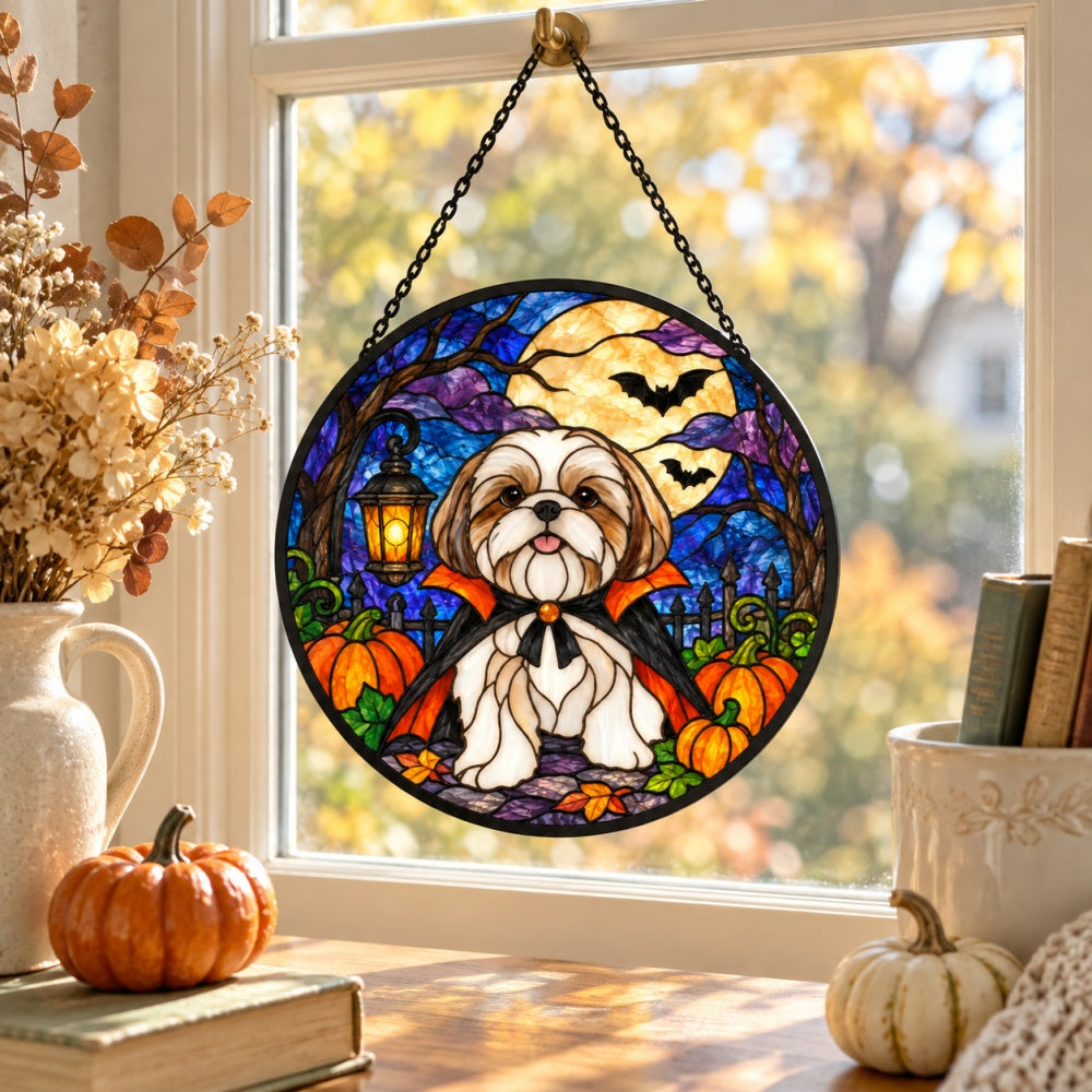 Shih Tzu Halloween stained glass suncatcher window hanging, suitable for home and garden decoration