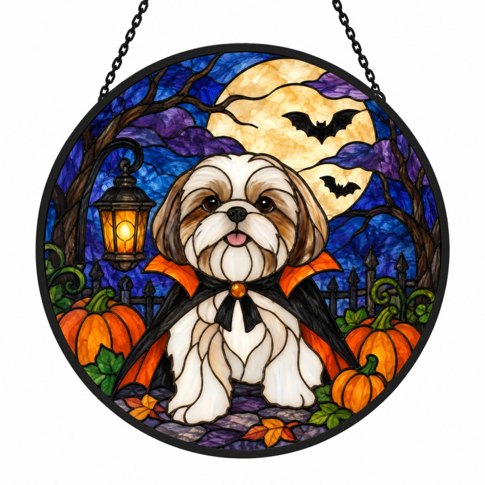 Shih Tzu Halloween stained glass suncatcher window hanging, suitable for home and garden decoration