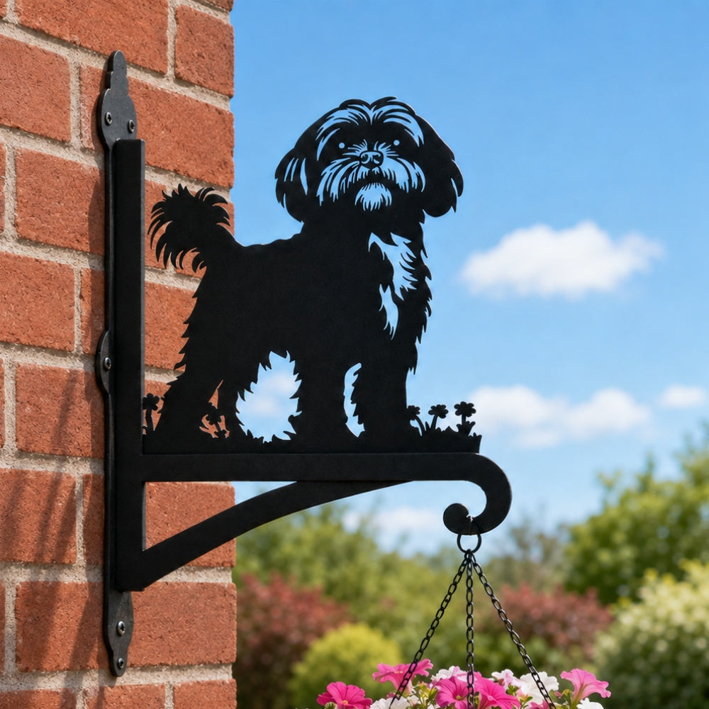 Shih tzu metal hanging basket bracket mounted on outdoor wall for plant decoration