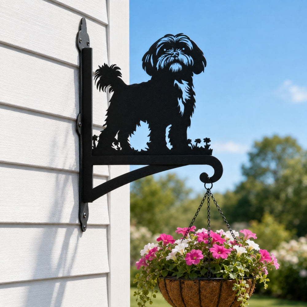 Shih tzu metal hanging basket bracket mounted on outdoor wall for plant decoration