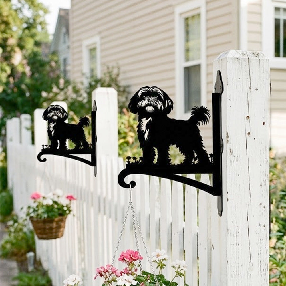 Shih tzu metal hanging basket bracket mounted on outdoor wall for plant decoration