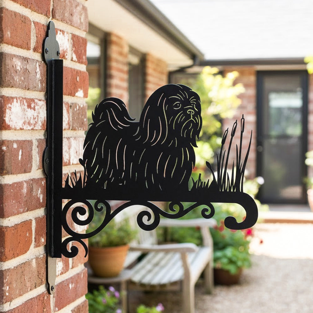 Shih tzu metal hanging basket bracket mounted on outdoor wall for plant decoration