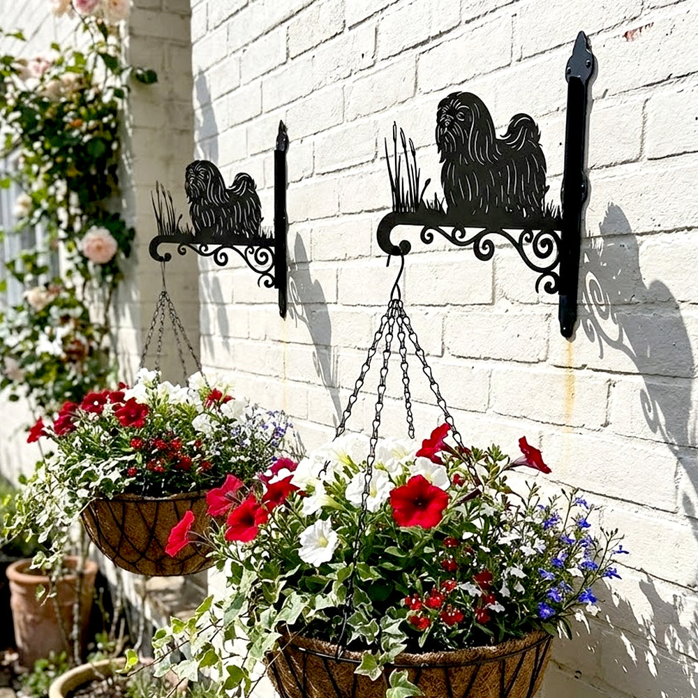 Shih tzu metal hanging basket bracket mounted on outdoor wall for plant decoration