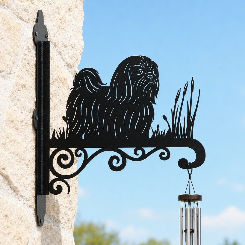 Shih tzu metal hanging basket bracket mounted on outdoor wall for plant decoration