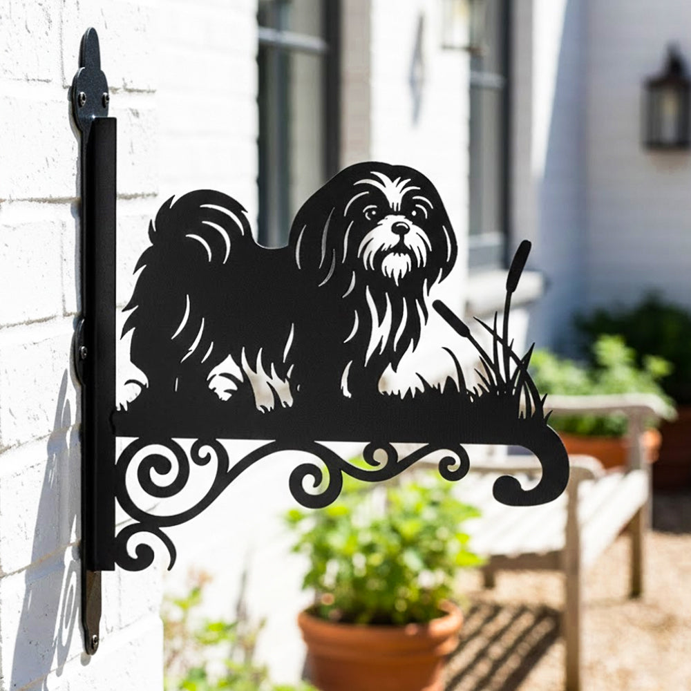 Shih tzu metal hanging basket bracket mounted on outdoor wall for plant decoration