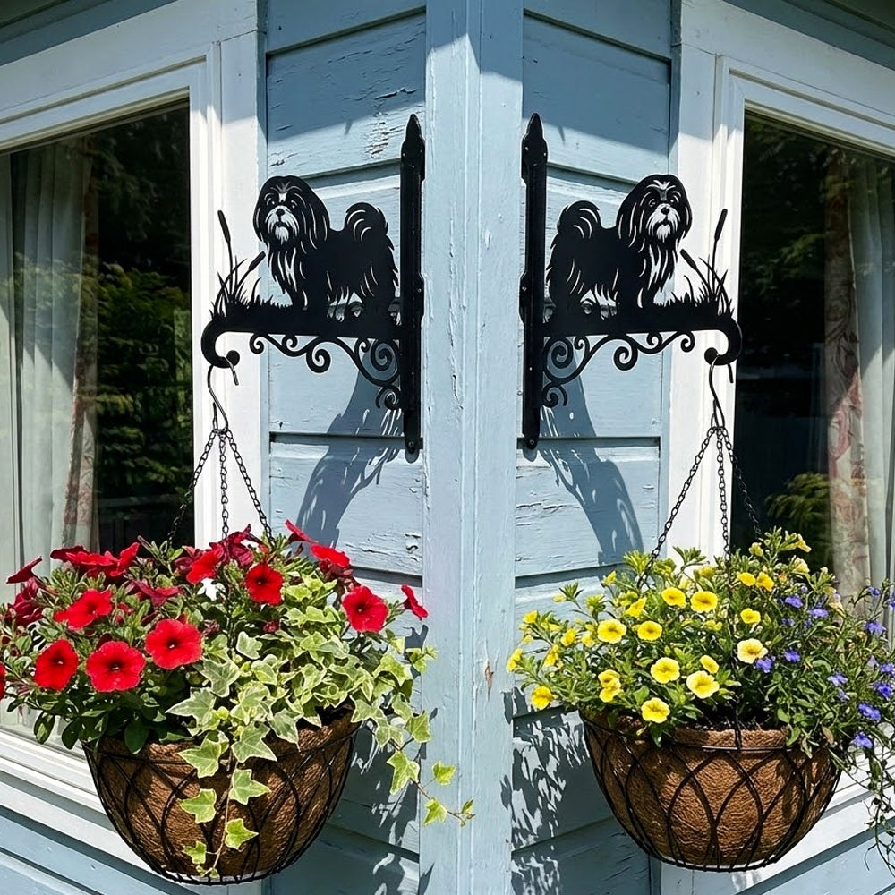 Shih tzu metal hanging basket bracket mounted on outdoor wall for plant decoration