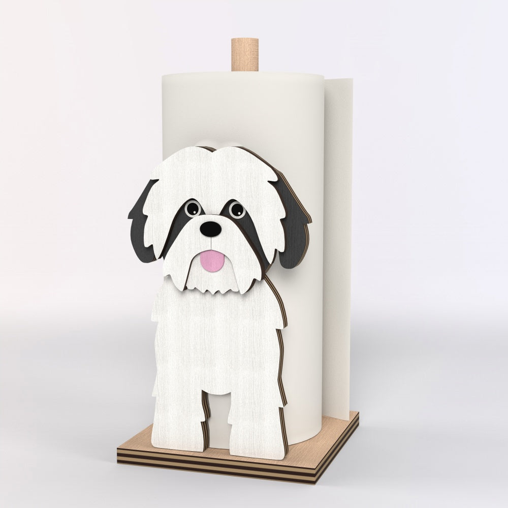 Shih Tzu Wooden Dog Paper Towel Holder displayed on a kitchen countertop with a freestanding paper towel roll