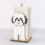 Shih Tzu Wooden Dog Paper Towel Holder displayed on a kitchen countertop with a freestanding paper towel roll