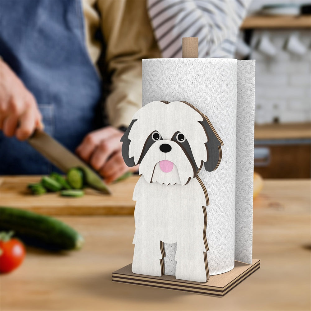Shih Tzu Wooden Dog Paper Towel Holder displayed on a kitchen countertop with a freestanding paper towel roll