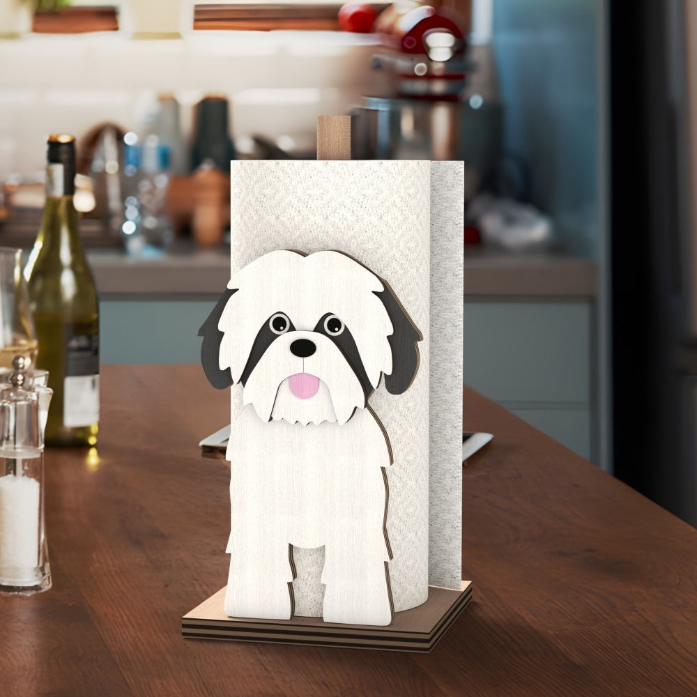 Shih Tzu Wooden Dog Paper Towel Holder displayed on a kitchen countertop with a freestanding paper towel roll