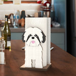 Shih Tzu Wooden Dog Paper Towel Holder displayed on a kitchen countertop with a freestanding paper towel roll