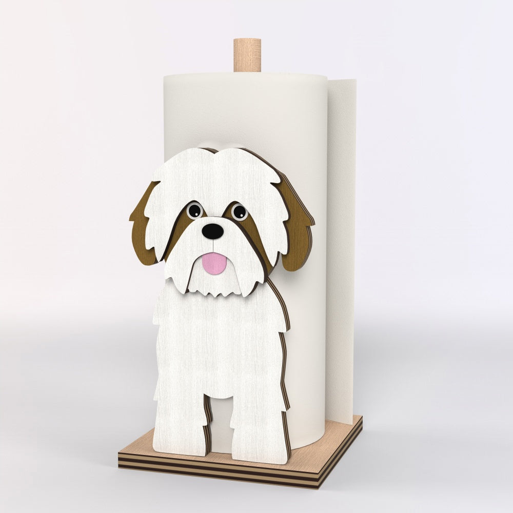 Shih Tzu Wooden Dog Paper Towel Holder displayed on a kitchen countertop with a freestanding paper towel roll