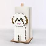 Shih Tzu Wooden Dog Paper Towel Holder displayed on a kitchen countertop with a freestanding paper towel roll