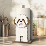 Shih Tzu Wooden Dog Paper Towel Holder displayed on a kitchen countertop with a freestanding paper towel roll