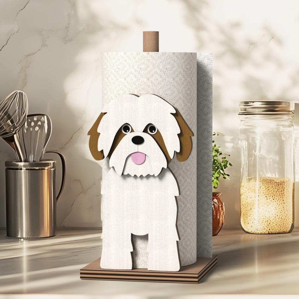Shih Tzu Wooden Dog Paper Towel Holder displayed on a kitchen countertop with a freestanding paper towel roll