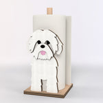 Shih Tzu Wooden Dog Paper Towel Holder displayed on a kitchen countertop with a freestanding paper towel roll