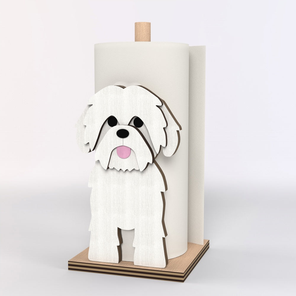 Shih Tzu Wooden Dog Paper Towel Holder displayed on a kitchen countertop with a freestanding paper towel roll