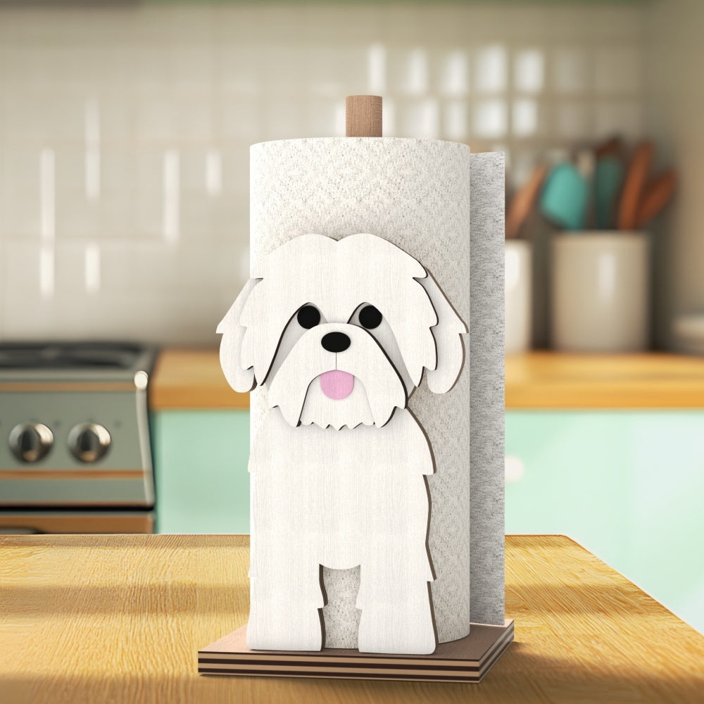 Shih Tzu Wooden Dog Paper Towel Holder displayed on a kitchen countertop with a freestanding paper towel roll