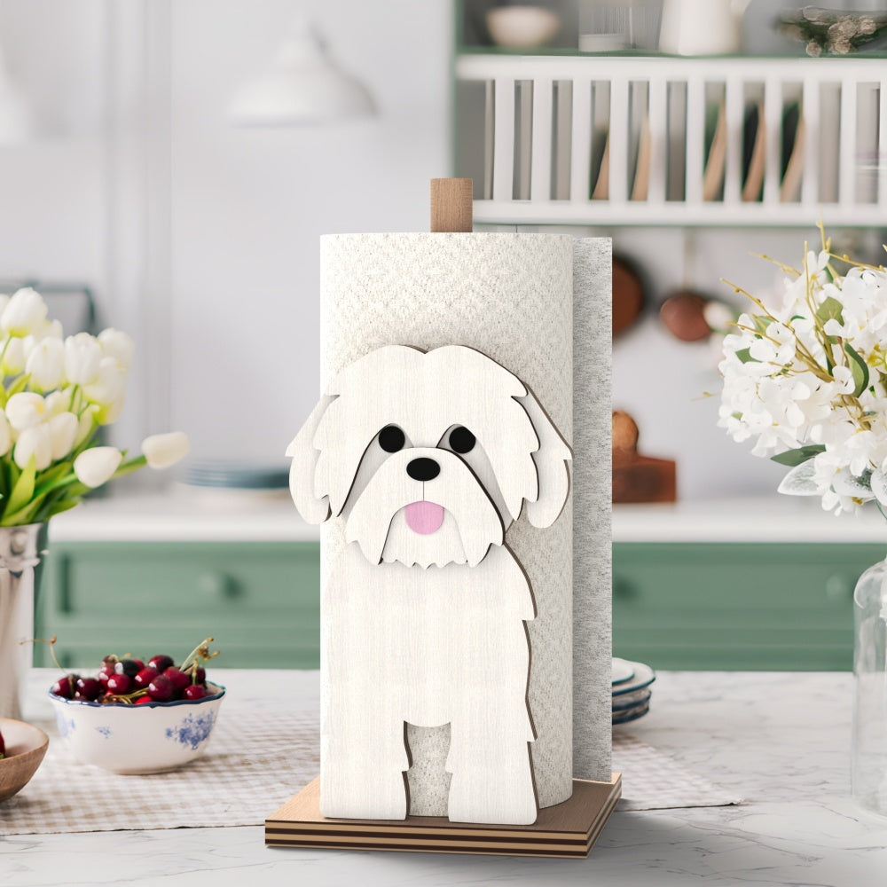 Shih Tzu Wooden Dog Paper Towel Holder displayed on a kitchen countertop with a freestanding paper towel roll