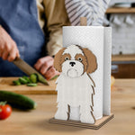 Shih Tzu Wooden Dog Paper Towel Holder displayed on a kitchen countertop with a freestanding paper towel roll