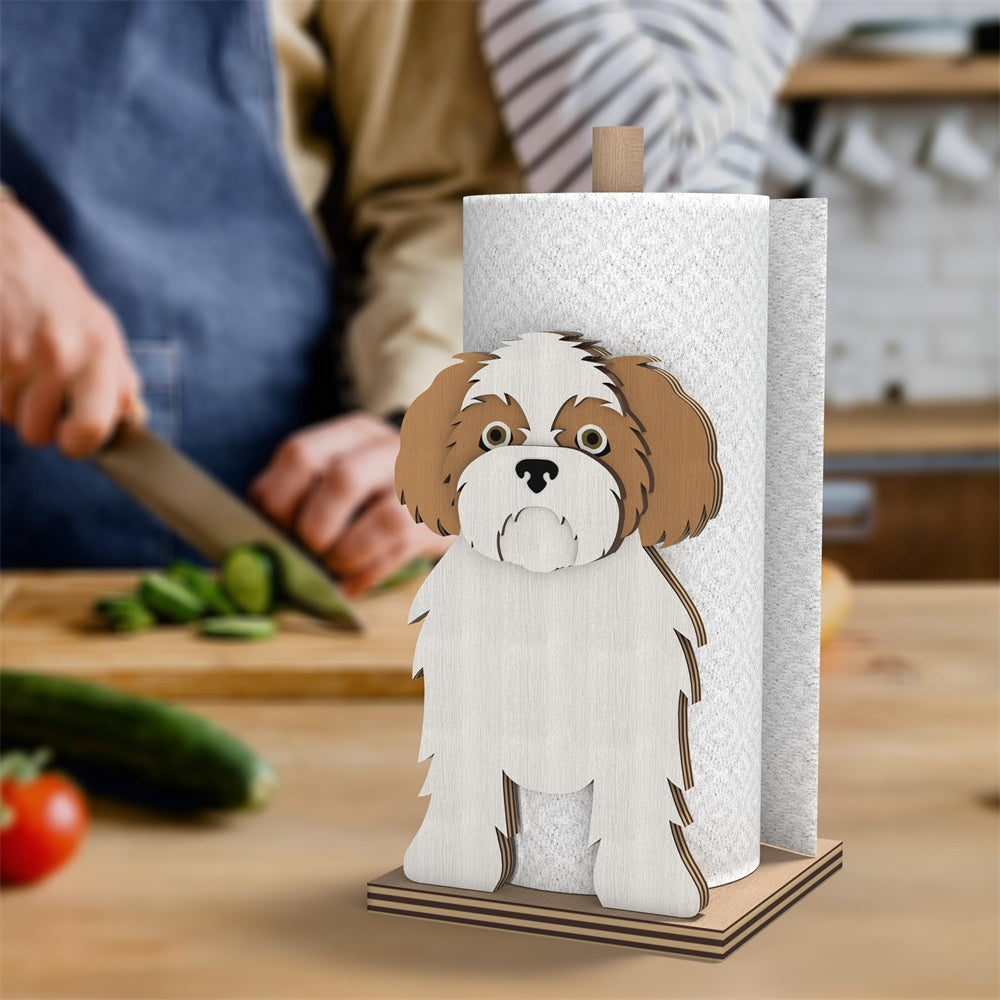 Shih Tzu Wooden Dog Paper Towel Holder displayed on a kitchen countertop with a freestanding paper towel roll