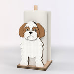 Shih Tzu Wooden Dog Paper Towel Holder displayed on a kitchen countertop with a freestanding paper towel roll