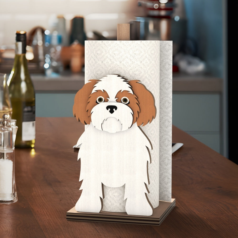 Shih Tzu Wooden Dog Paper Towel Holder displayed on a kitchen countertop with a freestanding paper towel roll