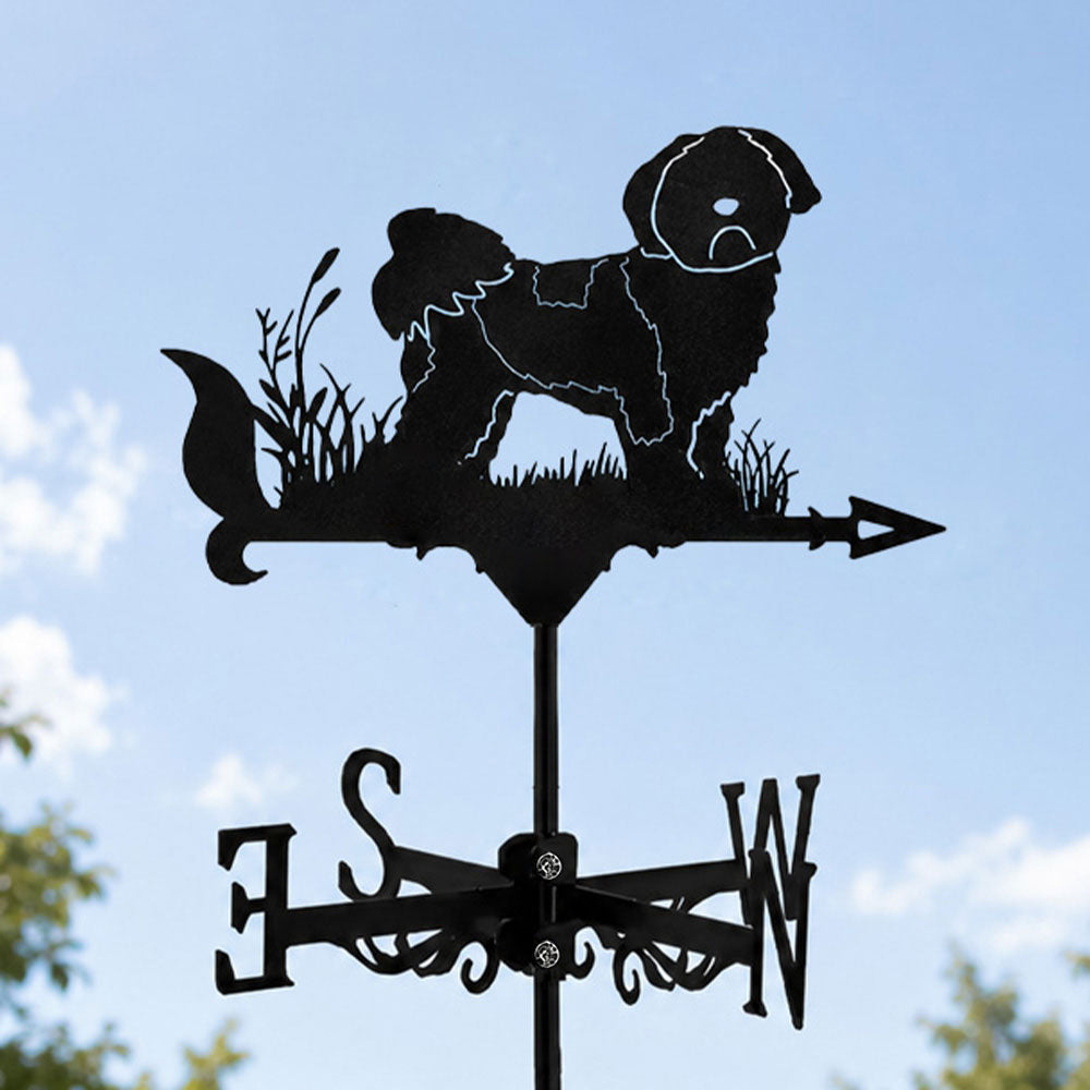 Shih tzu metal weather vane with directional arrows and mounting rod, outdoor roof and garden decoration