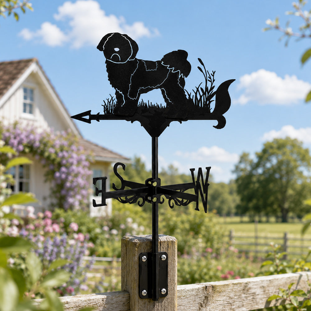 Shih tzu metal weather vane with directional arrows and mounting rod, outdoor roof and garden decoration