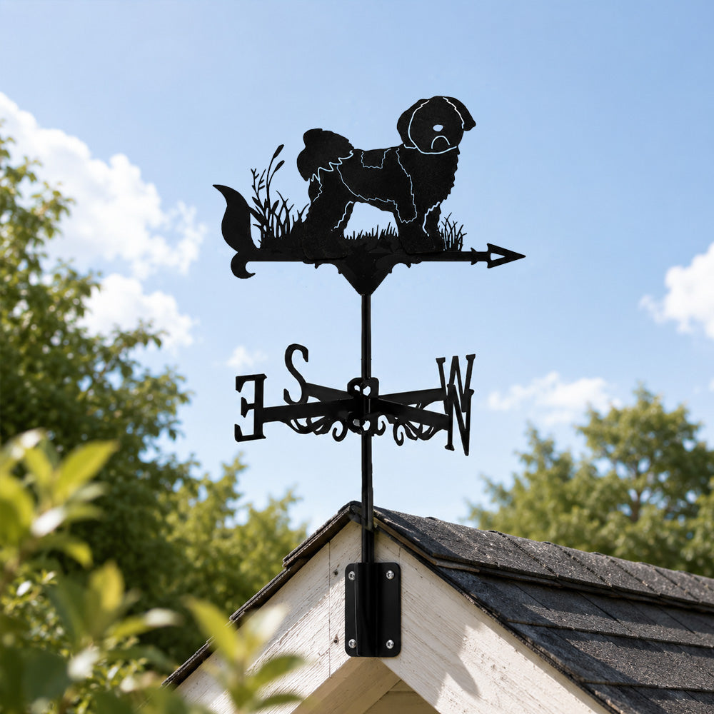 Shih tzu metal weather vane with directional arrows and mounting rod, outdoor roof and garden decoration