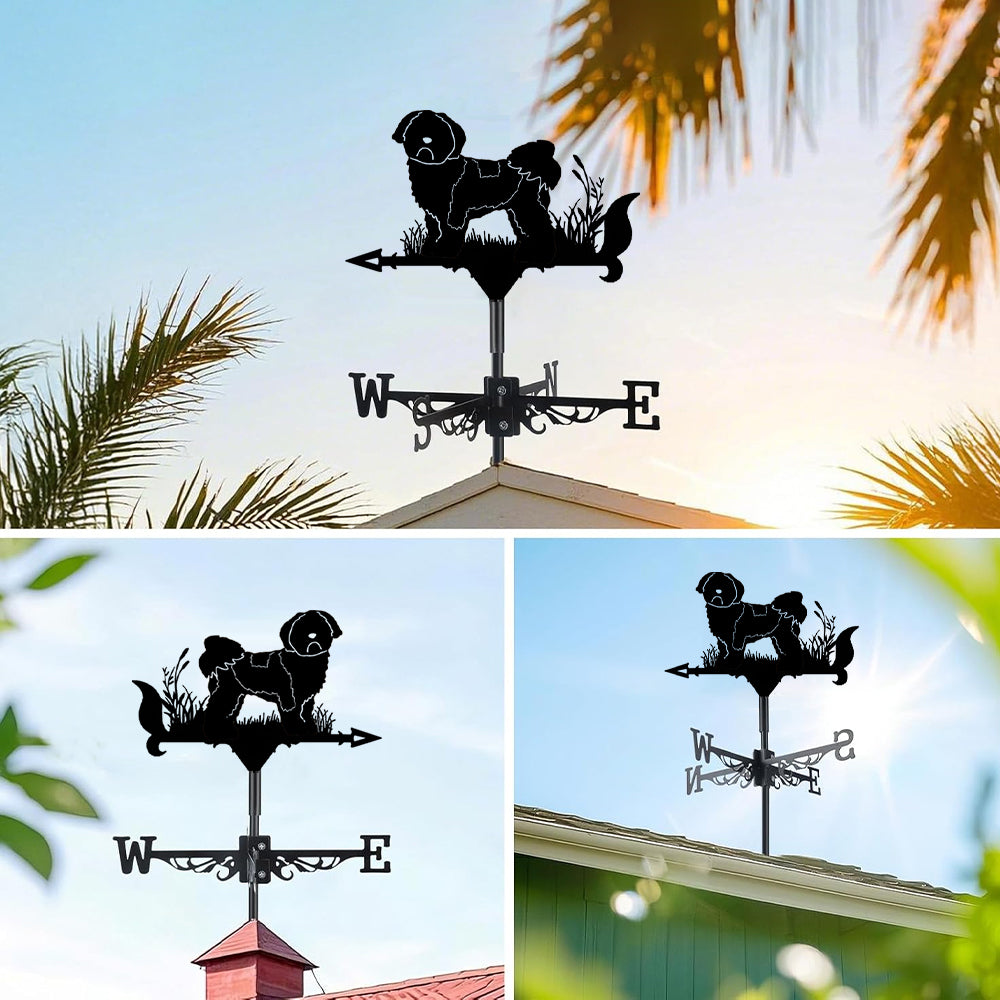 Shih tzu metal weather vane with directional arrows and mounting rod, outdoor roof and garden decoration
