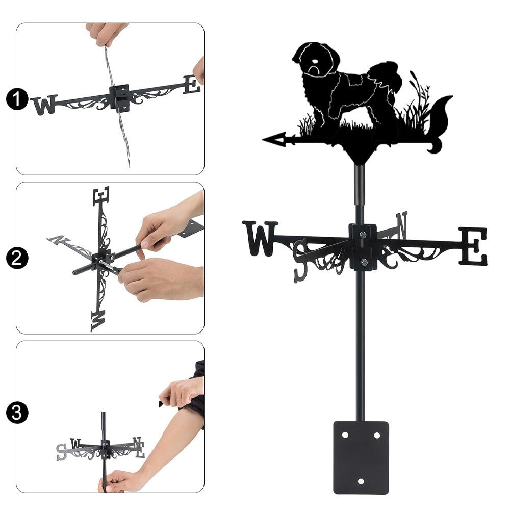 Shih tzu metal weather vane with directional arrows and mounting rod, outdoor roof and garden decoration