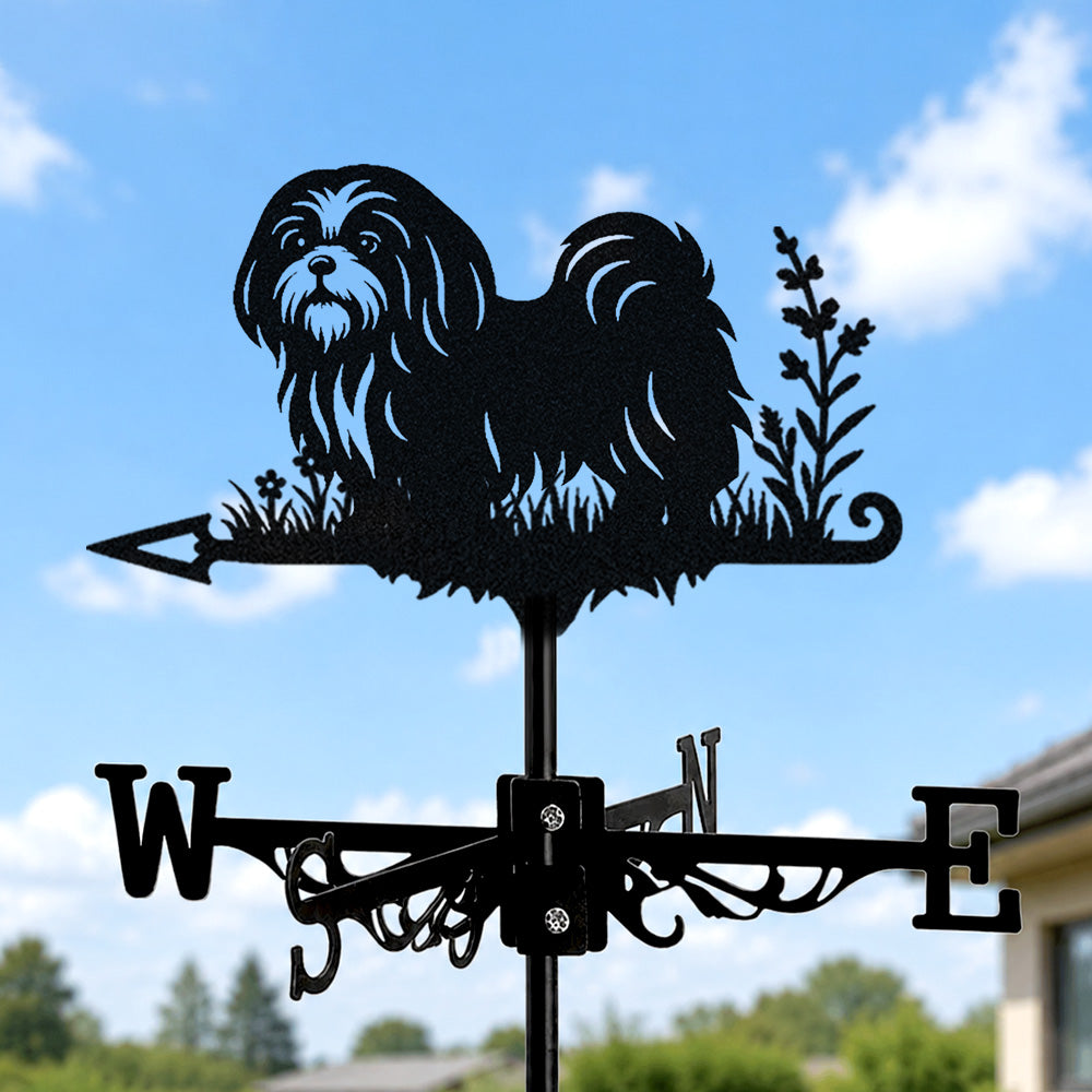 Shih tzu metal weather vane with directional arrows and mounting rod, outdoor roof and garden decoration