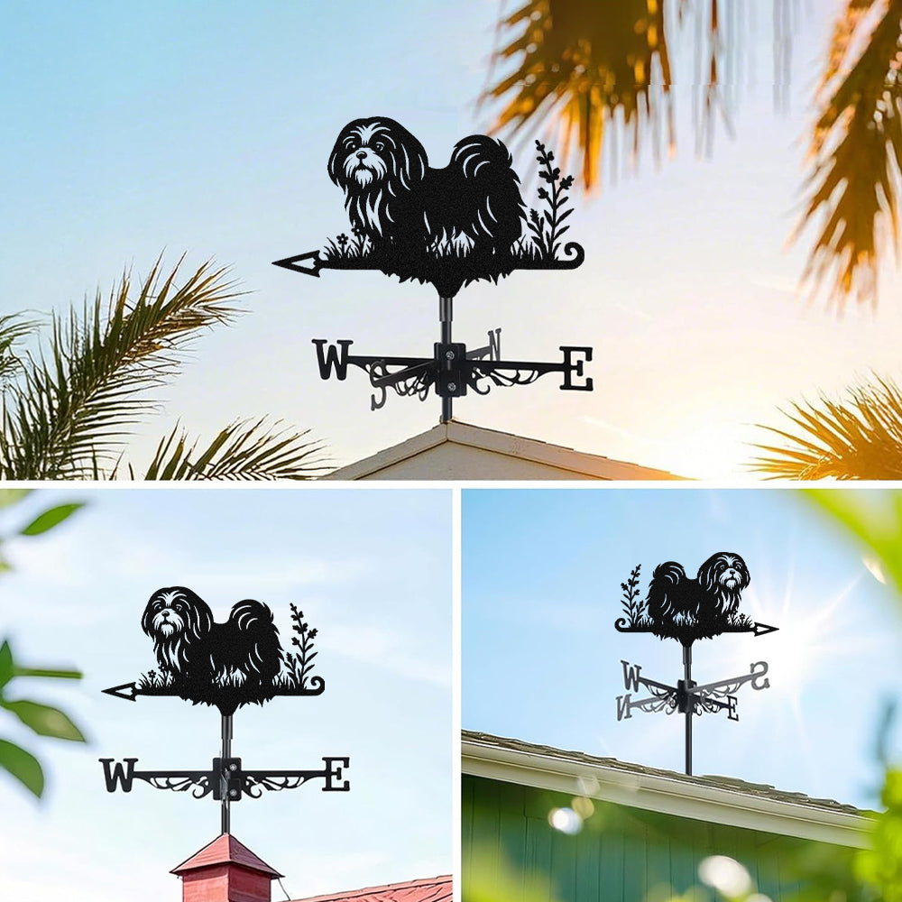 Shih tzu metal weather vane with directional arrows and mounting rod, outdoor roof and garden decoration