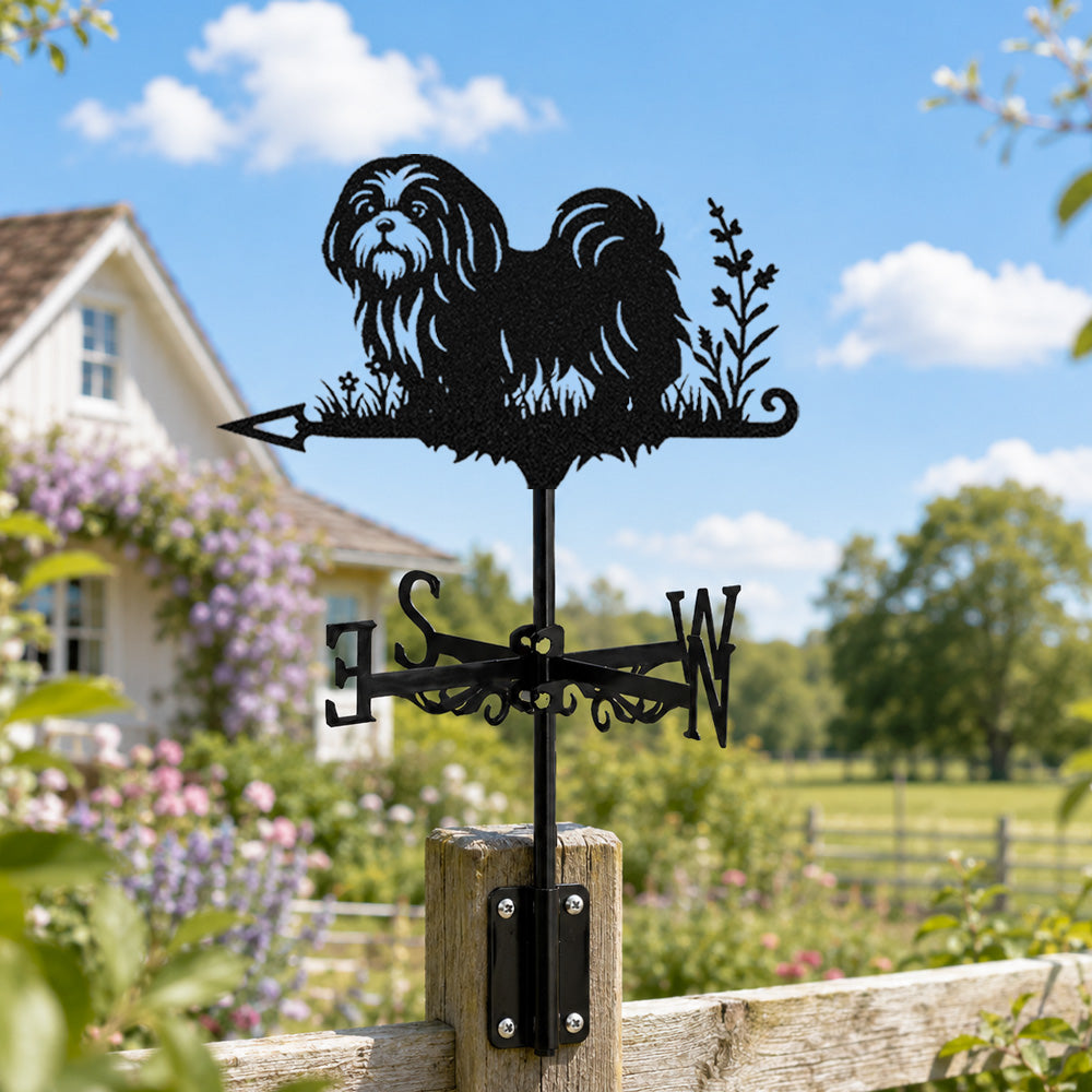 Shih tzu metal weather vane with directional arrows and mounting rod, outdoor roof and garden decoration