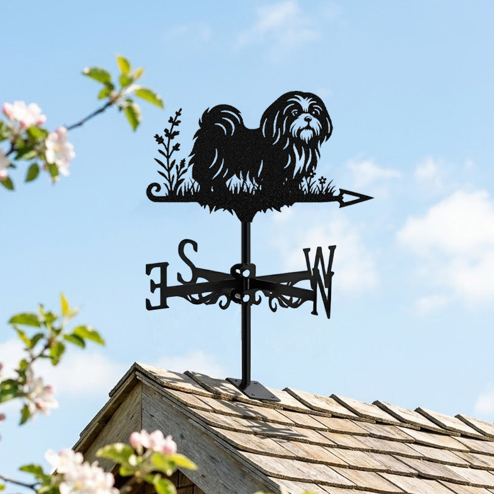 Shih tzu metal weather vane with directional arrows and mounting rod, outdoor roof and garden decoration