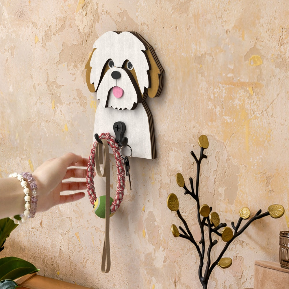 Wooden shih tzu dog wall hook key and leash holder for home entryway organizer