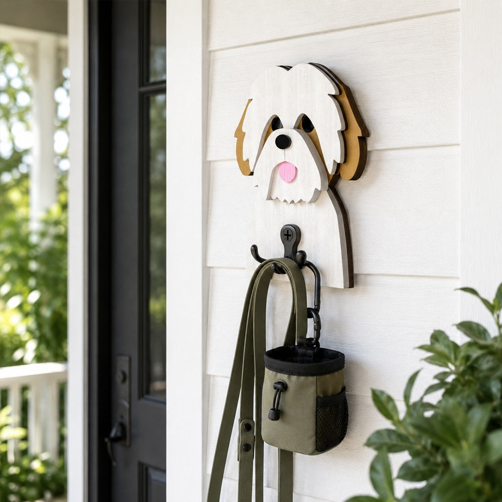 Wooden shih tzu dog wall hook key and leash holder for home entryway organizer